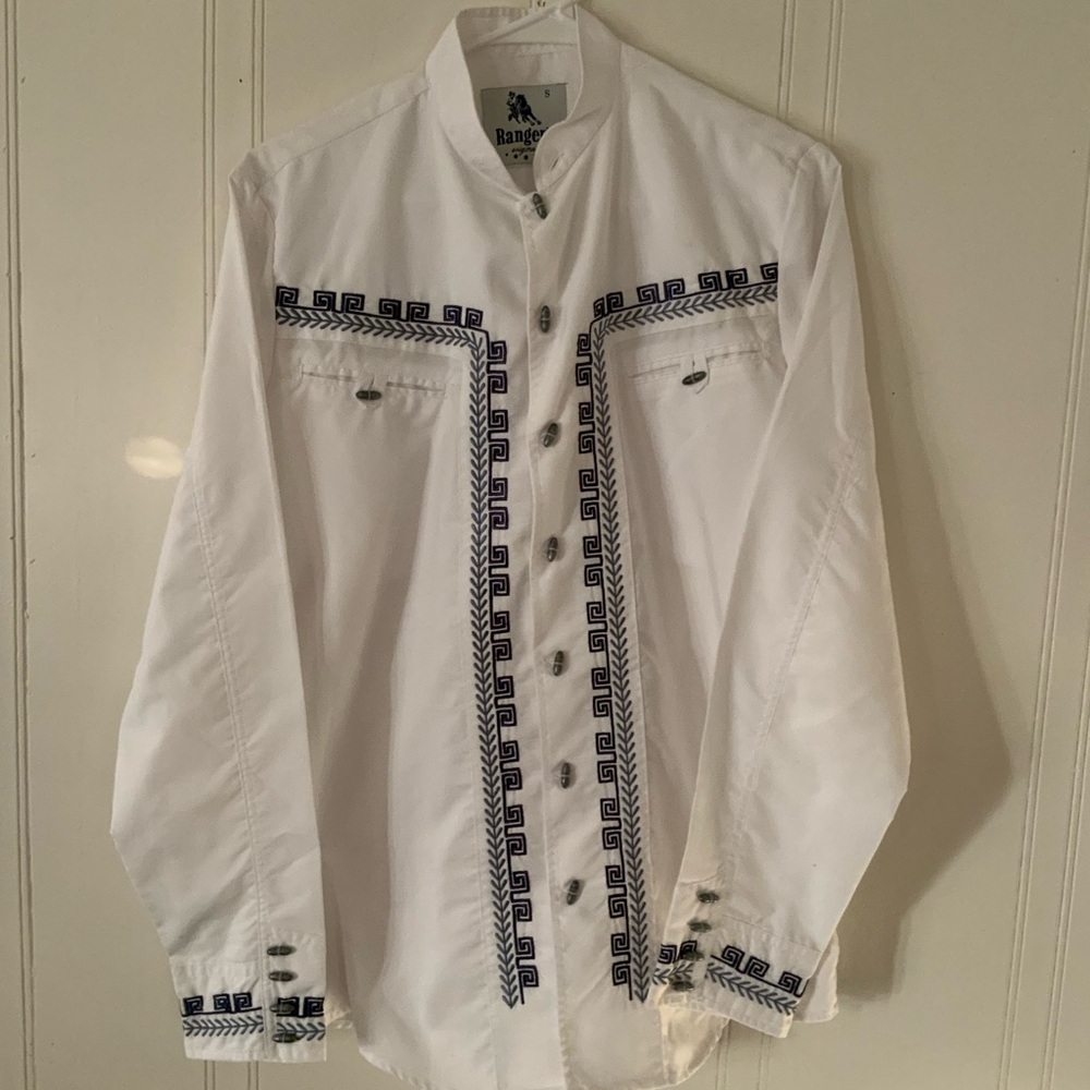 White and Blue Embroidered Men's Casual Shirt